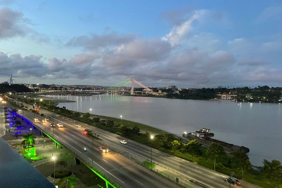 A view over the city of Abidjan at twilight from the Plateau neighborhood.