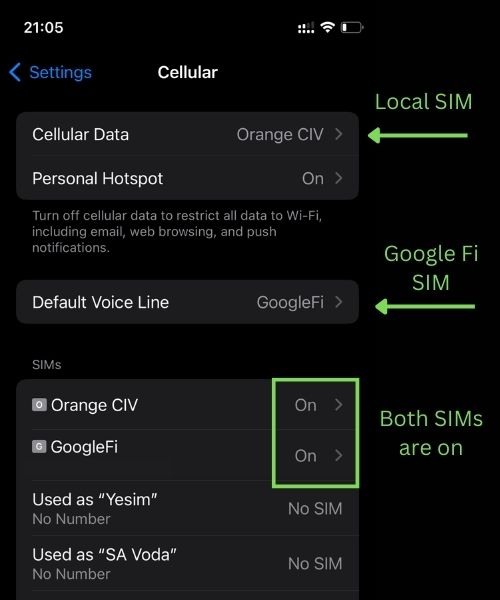 The settings of a dual-SIM setup on an iPhone