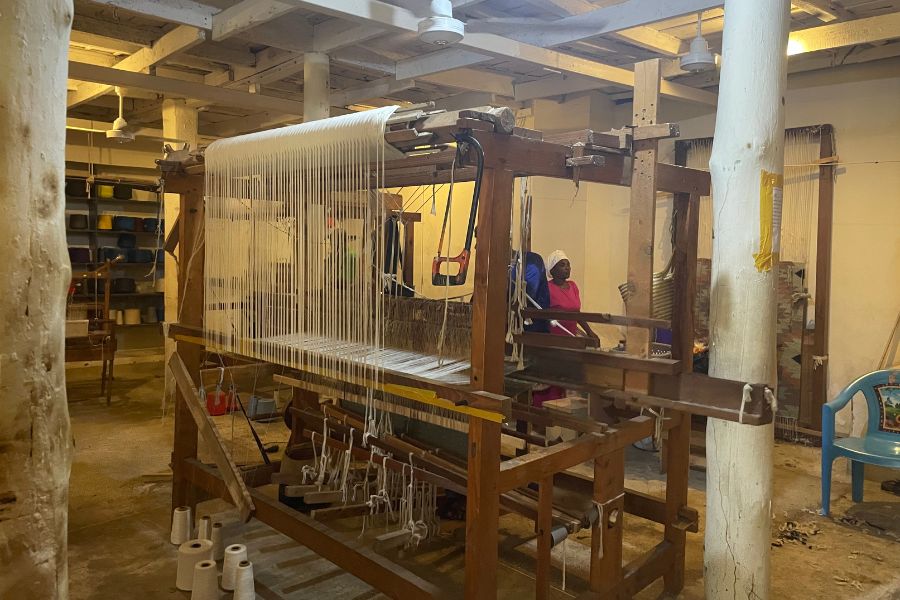 Kikoi weaving looms in the workshop of Imani Collective in Old Town Mombasa, Kenya