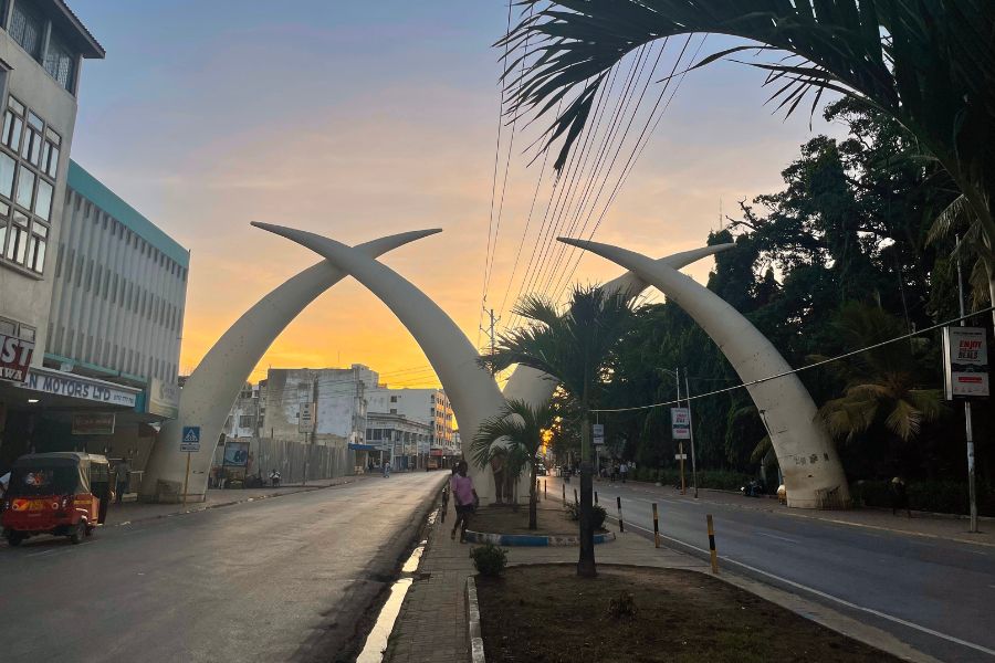 The Mombasa Tusks at sunset, located just a short walk from Old Town Mombasa