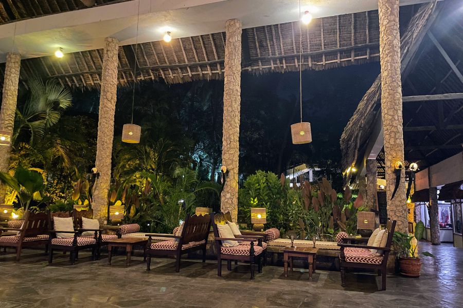 The fancy lobby of Severin Sea Lodge, a hotel in Shanzu, Kenya which is good for work travel