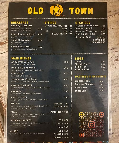 The food menu at Tulia Old Town hostel in Mombasa as of April 2024.