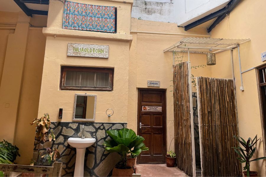 The interior courtyard space at Tulia Old Town hostel in Mombasa, Kenya.