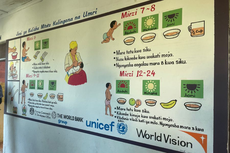 A freshly painted mural discussing young child nutrition in a health center in rural Kenya